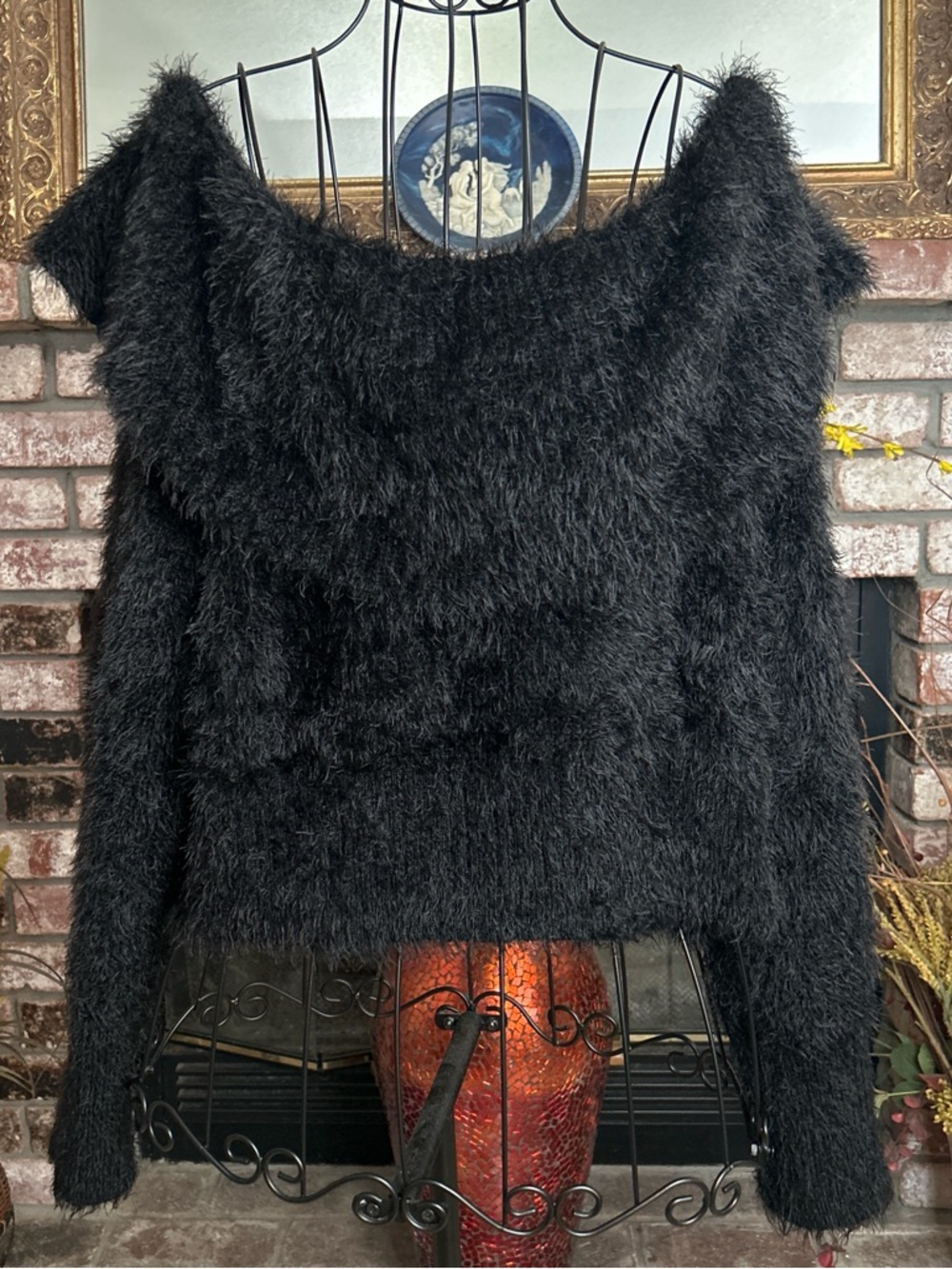 Sugar lips Black Fuzzy Off The Shoulder Top Sz M/L